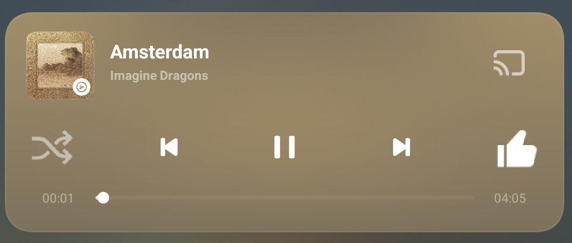 Media player showing the song "Amsterdam" by Imagine Dragons. The media player has a light brown background, reflecting the song icon's colours.